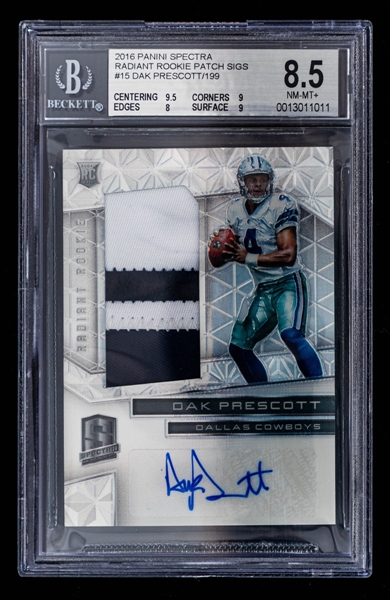 2016 Panini Spectra Radiant Rookie Football Card #RRPS-DP Dak Prescott Patch/Auto (065/199) - Graded Becket 8.5