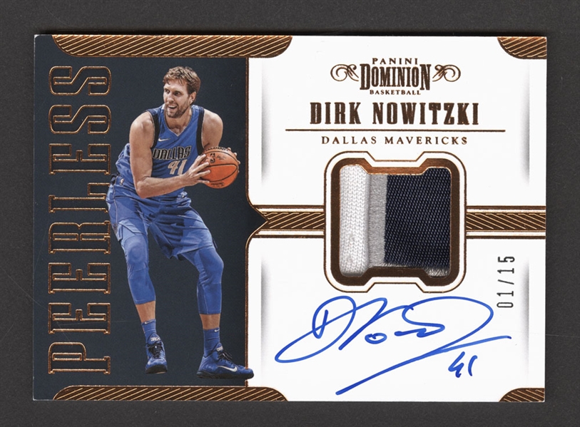 2017-18 Panini Dominion Peerless Basketball Card #PJ-DNK Dirk Nowitzki Patch/Auto (01/15) 