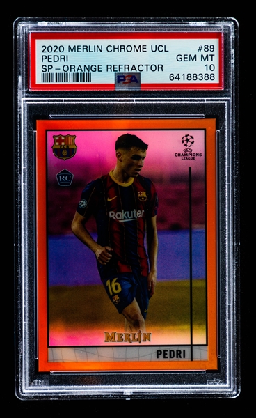 2020-21 Topps Chrome Merlin UCL SP - Orange Refractor (Image Variation) Soccer Card #89 Pedri Rookie (23/25) - Graded PSA 10 - Pop-2 Highest Graded