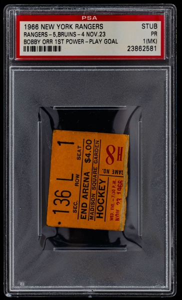 November 23rd 1966 Madison Square Garden Ticket Stub (NY Rangers vs Boston Bruins) - Bobby Orr 1st Power-Play Goal - Graded PSA 1 (MK) 