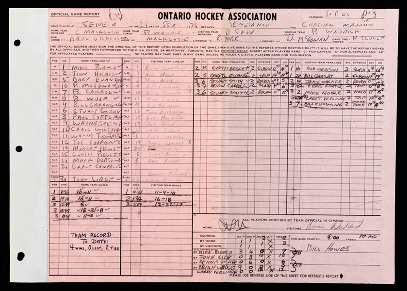 1976-77 Seneca Nationals vs Chatham Maroons Scoresheet Featuring Wayne Gretzky with Shawn Chaulk LOA