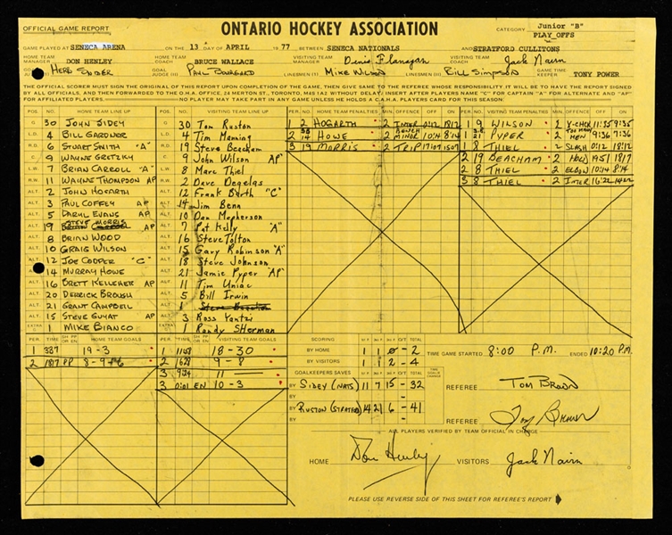 1976-77 Seneca Nationals vs Stratford Cullitons Sunderland Cup Playoffs Scoresheet Featuring Wayne Gretzky with Shawn Chaulk LOA – Gretzky Assist! 