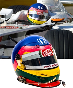 Jacques Villeneuves 2002 Lucky Strike BAR Honda F1 Team Bell Race-Worn Helmet with His Signed LOA - Photo-Matched to Two Grand Prix!