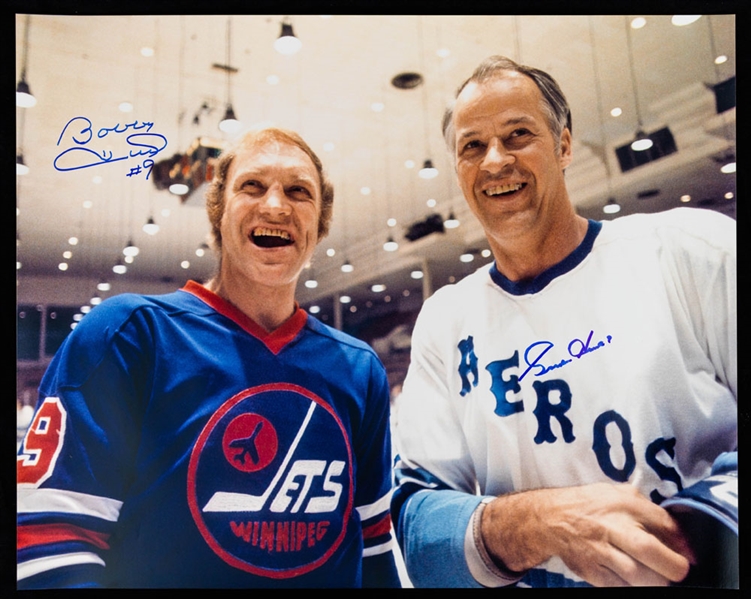 Deceased HOFer Gordie Howe (Houston Aeros) and HOFer Bobby Hull (Winnipeg Jets) Dual-Signed Photos (2)