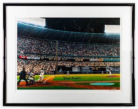 Hank Aaron Signed 1997 "Seven-One-Five" Home Run #715 Framed Limited-Edition Lithograph by Bill Purdom #235/600 - Upper Deck LE #20/44 with Their COA