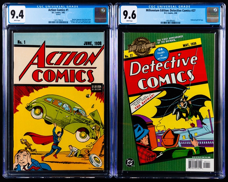 Action Comics #1 1992 Reprint of June 1938 Issue (1st Appearance of Superman - CGC 9.4) and Detective Comics #27 2000 Millenium Edition Reprint of May 1939 Issue (1st Appearance of Batman - CGC 9.6)