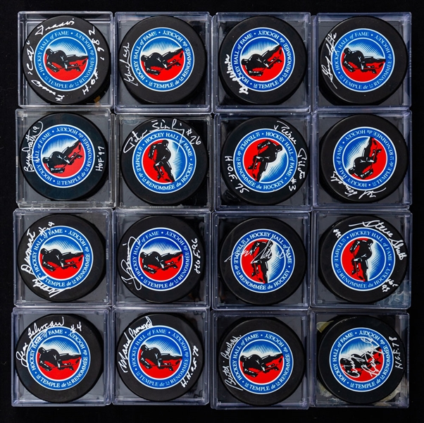 Hockey Hall of Fame Signed Puck Collection of 51 including Beliveau, Lach, Bourque, Larionov and Tretiak 