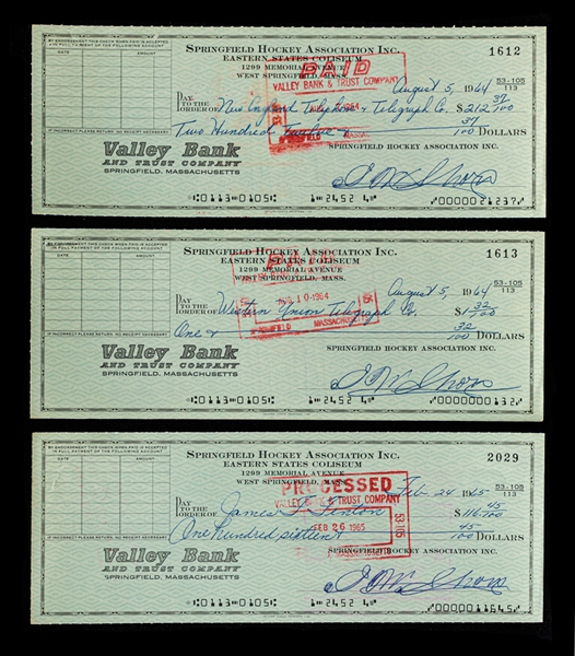 Deceased HOFer Eddie Shore Springfield Hockey Association Signed Mid-1960s Checks (3) with LOA