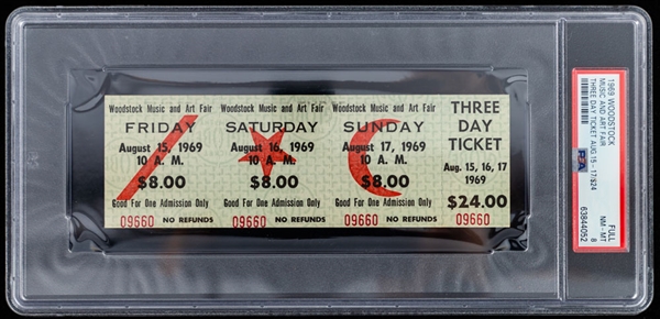 Historic 1969 Woodstock Music Festival Full 3-Day $24.00 Unused Ticket - Graded PSA 8 NM-MT