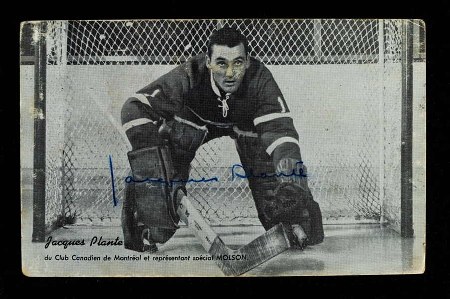 Deceased HOFer Jacques Plante Signed 1950s Montreal Canadiens Postcard with JSA LOA