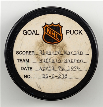 Richard Martins Buffalo Sabres April 7th 1974 Goal Puck from the NHL Goal Puck Program - Season Goal #50 of 52 / Career Goal #131 of 384 - 1st Goal of the Hat Trick - Power Play Goal