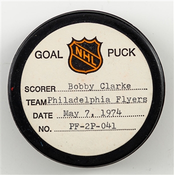 Bobby Clarkes Philadelphia Flyers May 7th 1974 Playoff Goal Puck from the NHL Goal Puck Program - Season PO Goal #3 of 5 / Career PO Goal #5 of 42