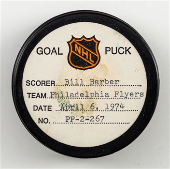 Bill Barbers Philadelphia Flyers April 6th 1974 Goal Puck from the NHL Goal Puck Program - Season Goal #31 of 34 / Career Goal #61 of 420