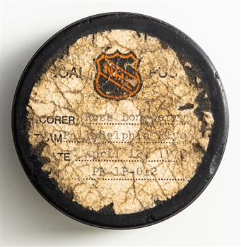 Ross Lonsberrys Philadelphia Flyers April 12th 1973 Playoff Goal Puck from the NHL Goal Puck Program - Season PO Goal #2 of 4 / CPO Goal #2 of 21 - Game-Winning Goal and Series-Winning Goal