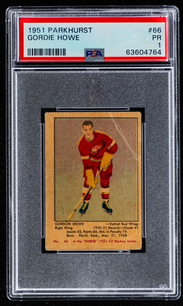 1951-52 Parkhurst Hockey Card #66 HOFer Gordie Howe Rookie – Graded PSA 1