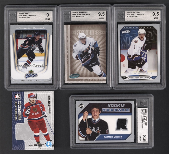 Alexander Ovechkin Hockey Cards (5) Including 2005-06 Rookie Threads #RT-AO (ACA 8.5), 2005-06 Parkhurst #669 RC (ACA 9.5), 2005-06 Victory #264 RC (ACA 9.5) and 2005-06 MVP #394 RC (ACA 9)