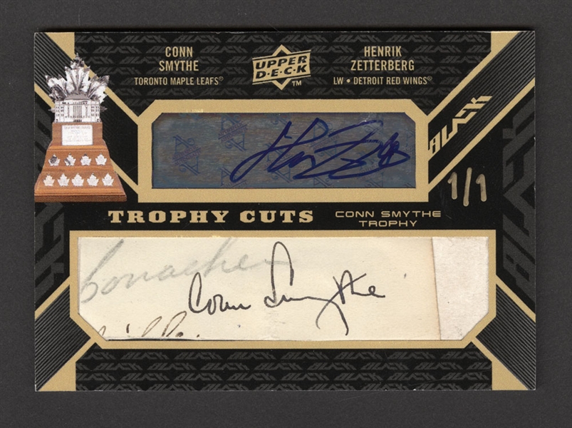 2008-09 Upper Deck Black "Trophy Cuts" Conn Smythe Trophy Hockey Card #TWC-SZ Conn Smythe/Henrik Zetterberg Dual-Signed (1/1)