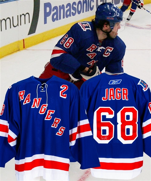 Jaromir Jagrs 2007-08 New York Rangers "Brian Leetch Night" Warm-Up Worn Jersey with Team COA - Jersey Signed by Leetch (Barry Meisel Collection)