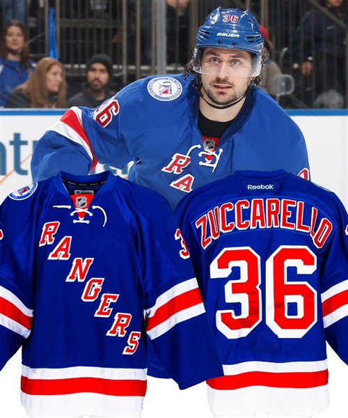 Mats Zuccarellos 2016-17 New York Rangers Game-Worn Jersey with LOA - 90th Patch! - Team Repairs! - Photo-Matched! (Barry Meisel Collection)