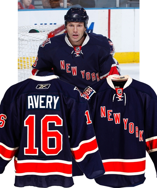 Sean Averys 2010-11 New York Rangers "Heritage" Game-Worn Jersey with LOA – 85th Anniversary Patch! - Photo-Matched! (The Barry Meisel Collection) 