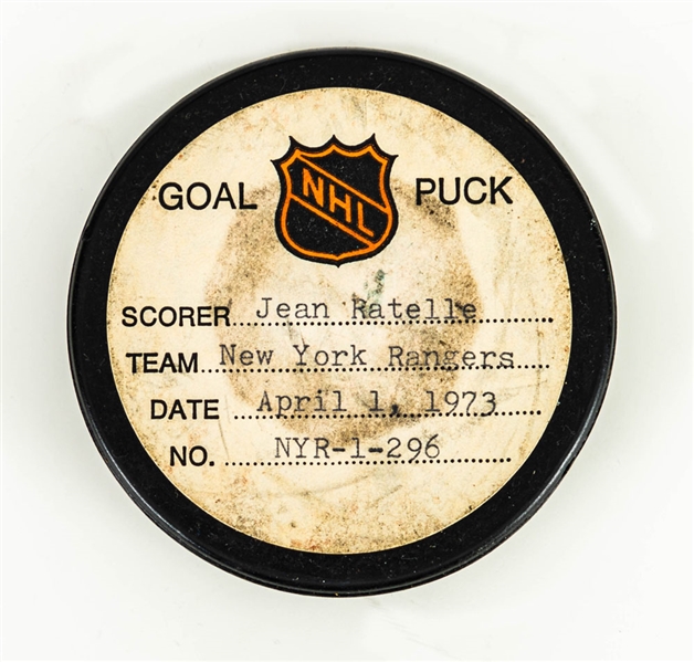Jean Ratelles New York Rangers April 1st 1973 Goal Puck from the NHL Goal Puck Program (Barry Meisel Collection)
