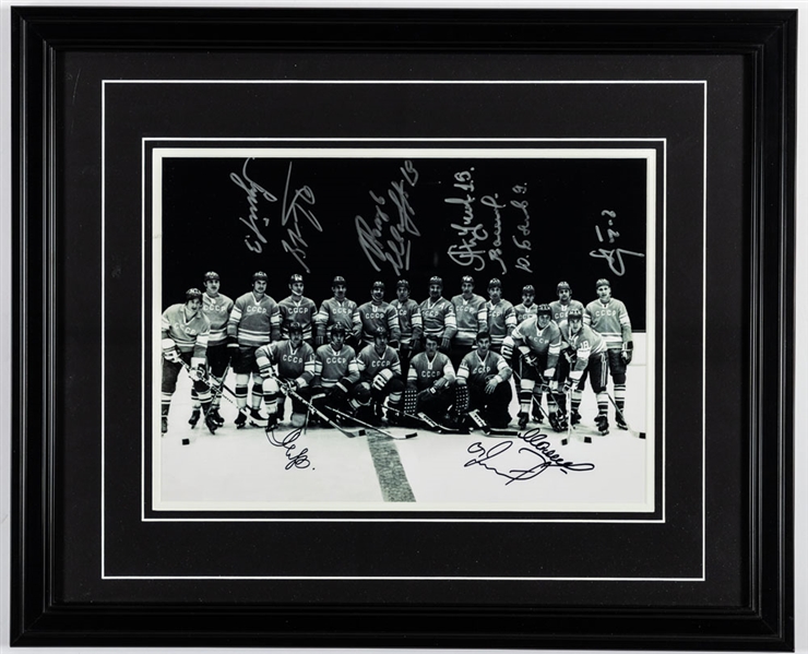 1972 Soviet Union National Team Framed Team-Signed Photo Featuring Tretiak, Yakushev and Mikhailov (18” x 22”)