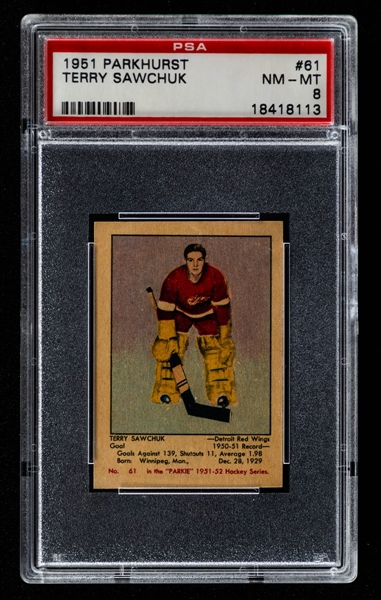 1951-52 Parkhurst Hockey Card #61 HOFer Terry Sawchuk Rookie - Graded PSA 8