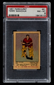 1951-52 Parkhurst Hockey Card #61 HOFer Terry Sawchuk Rookie - Graded PSA 8