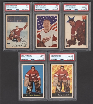 1953-54 to 1969-70 Parkhurst, Topps and O-Pee-Chee Terry Sawchuk Hockey Cards (9) Including 1963-64 Parkhurst #53 Card (Graded PSA 9)