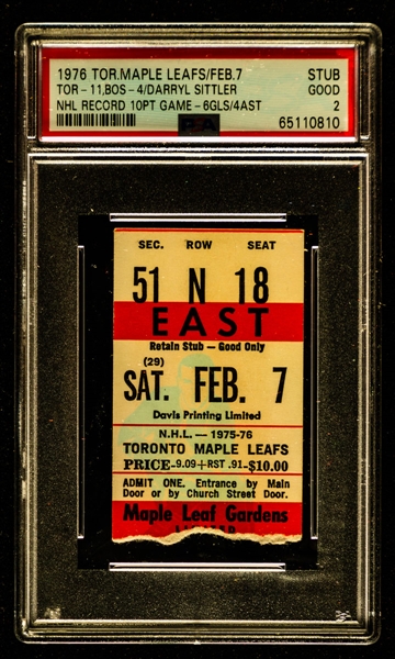 Maple Leaf Gardens February 7th 1976 Ticket Stub - Toronto Maple Leafs vs Boston Bruins - Darryl Sittler NHL Record 10-Point Game! - Graded PSA 2 - The Only One Graded at PSA