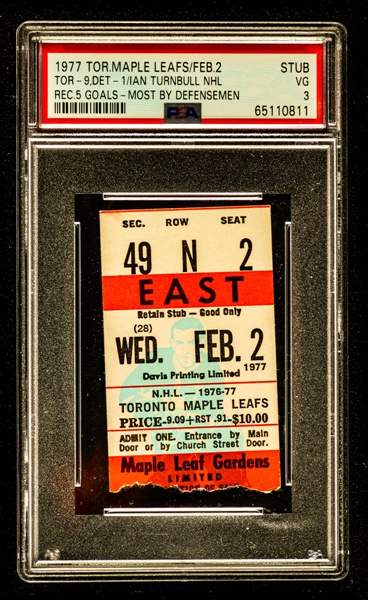 February 2nd 1977 Maple Leaf Gardens Ticket Stub - Ian Turnbull NHL Record 5-Goal Game (Most Goals in a Single Game by a Defensemen) - Graded PSA 3 - The Only One Graded at PSA