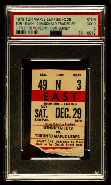 December 29th 1979 Maple Leaf Gardens Ticket Stub - Darryl Sittler Removes "C" from His Jersey (Lanny McDonald Trade) - Graded PSA 2 - The Only One Graded at PSA