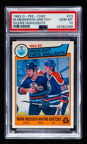 1983-84 O-Pee-Chee Hockey Card #23 HOFers Mark Messier/Wayne Gretzky Oilers Highlights – Graded PSA GEM MT 10