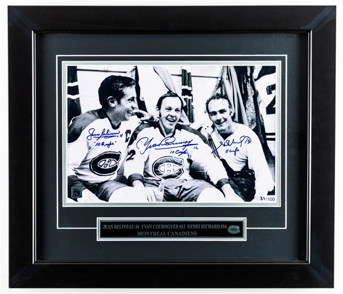 Jean Beliveau, Yvan Cournoyer & Henri Richard Signed Montreal Canadiens Limited-Edition #31/100 Dressing Room Framed Photo with LOA (19 ½” x 22 ½”)