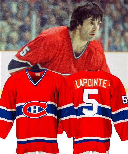 Guy Lapointes 1976-77 Stanley Cup Finals and 1977-78 Regular Season Montreal Canadiens Game-Worn Jersey with Original Nameplate - Worn in Stanley Cup Championship Seasons! - Team Repairs!