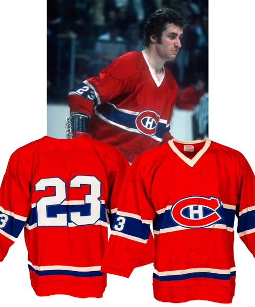Bob Gaineys 1975-76 Montreal Canadiens Game-Worn Jersey - Team Repairs! - Photo-Matched!