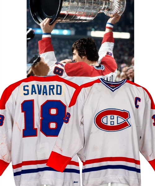 Serge Savards 1978-79 Montreal Canadiens Game-Worn Stanley Cup Playoffs/Finals Captains Jersey - Numerous Team Repairs! - Photo-Matched to Stanley Cup Finals!