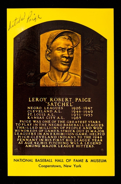 Deceased HOFer Satchel Paige Signed HOF Plaque Postcard with PSA/DNA Auction LOA 