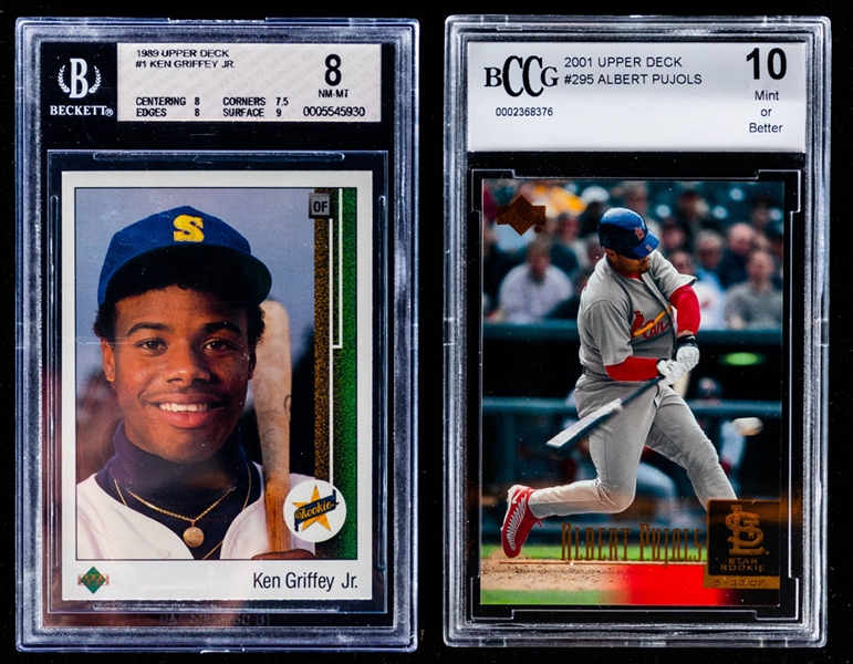 1989 Upper Deck Baseball Card #1 Ken Griffey Jr. Rookie (Graded Beckett 8) and 2001 Upper Deck Baseball Card #295 Albert Pujols Rookie (Graded BCCG 10)