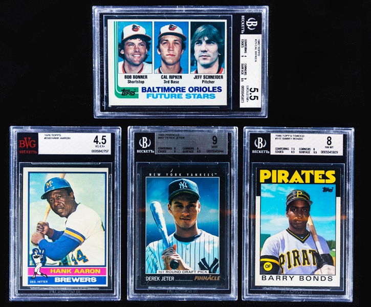 1976 Topps Baseball Card #550 Aaron (Beckett 4.5), 1982 Topps #21 Ripken Jr Rookie (Beckett 5.5), 1986 Topps Traded #11T Bonds Rookie (Beckett 8) & 1993 Pinnacle #457 Derek Jeter Rookie (Beckett 9)