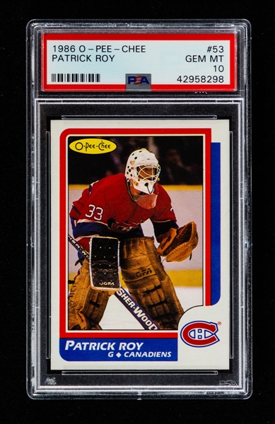 1986-87 O-Pee-Chee Hockey Card #53 HOFer Patrick Roy Rookie - Graded PSA GEM MT 10