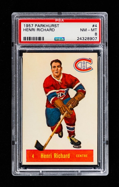 1957-58 Parkhurst Hockey Card #4 HOFer Henri Richard - Graded PSA 8