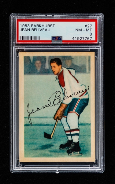 1953-54 Parkhurst Hockey Card #27 HOFer Jean Beliveau Rookie - Graded PSA 8