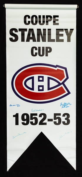 Montreal Canadiens 1952-53 Stanley Cup Banner Signed by 5 (Beliveau, Bouchard, Moore, Lach and Marshall) Plus 1950s Sport Magazines Signed by Beliveau and H. Richard/Backstrom with LOA 