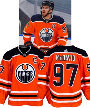 Connor McDavids 2020-21 Edmonton Oilers Game-Worn Captains Jersey with Team LOA - Art Ross and Hart Memorial Trophies Season! - Photo-Matched!