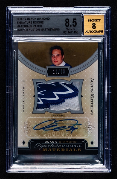 2016-17 Upper Deck Black Diamond Signature Rookie Materials Patch Hockey Card #SRP-AM Auston Matthews (12/15) - Graded Beckett 8.5