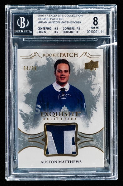 2016-17 Upper Deck Exquisite Collection Rookie Patch Hockey Card #RP-AM Auston Matthews (84/99) - Graded Beckett 8