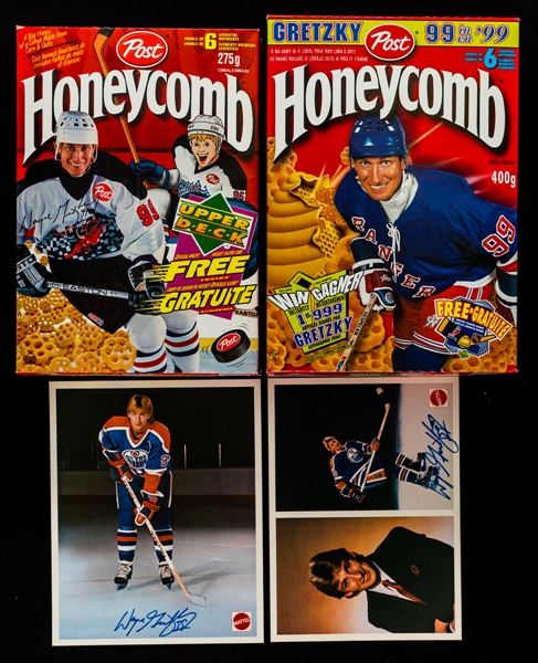 Wayne Gretzky Signed 1980s Premium Photos (2) Plus Full Cereal Box Collection of 14