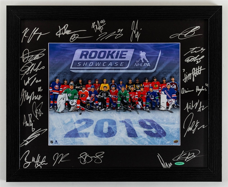2019 NHLPA Rookie Showcase Multi-Signed Framed Display from Upper Deck with COA - Adam Fox, Igor Shesterkin, Jake Oettinger, Kirby Dach, Jason Robertson +++