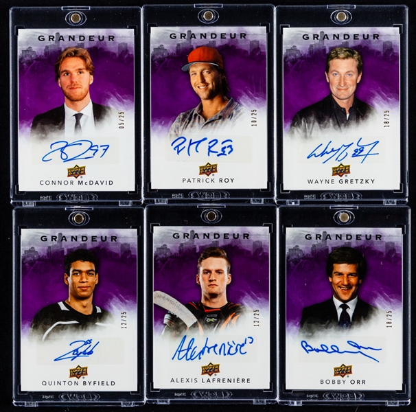 2021 Upper Deck Grandeur Signature Parallel Achievement Complete 6-Card Signed Set Including Connor McDavid, Wayne Gretzky, Alexis Lafreniere, Bobby Orr, Patrick Roy and Quinton Byfield (#/25)